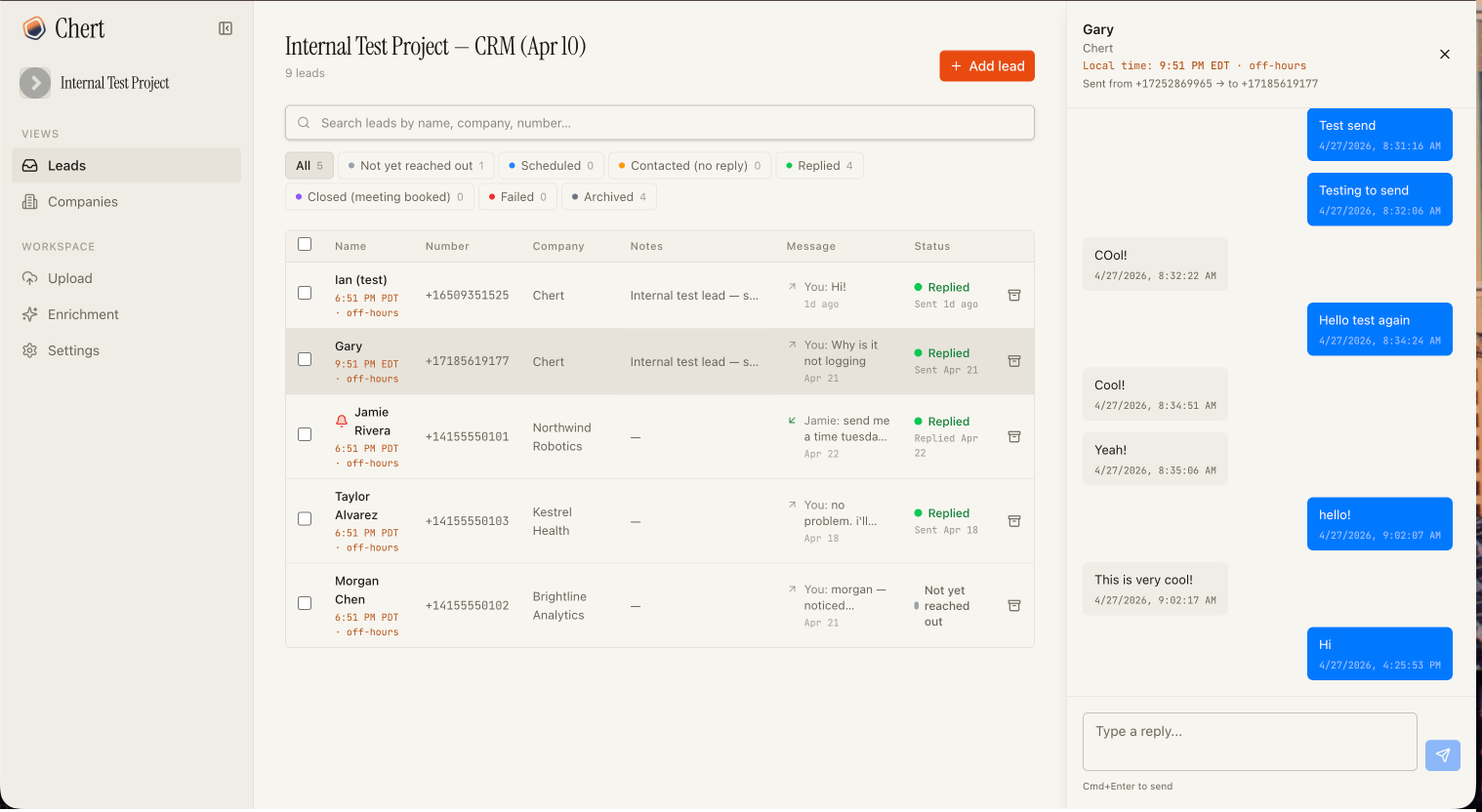 The Chert console slide-over conversation panel that the Slack notification deep link opens