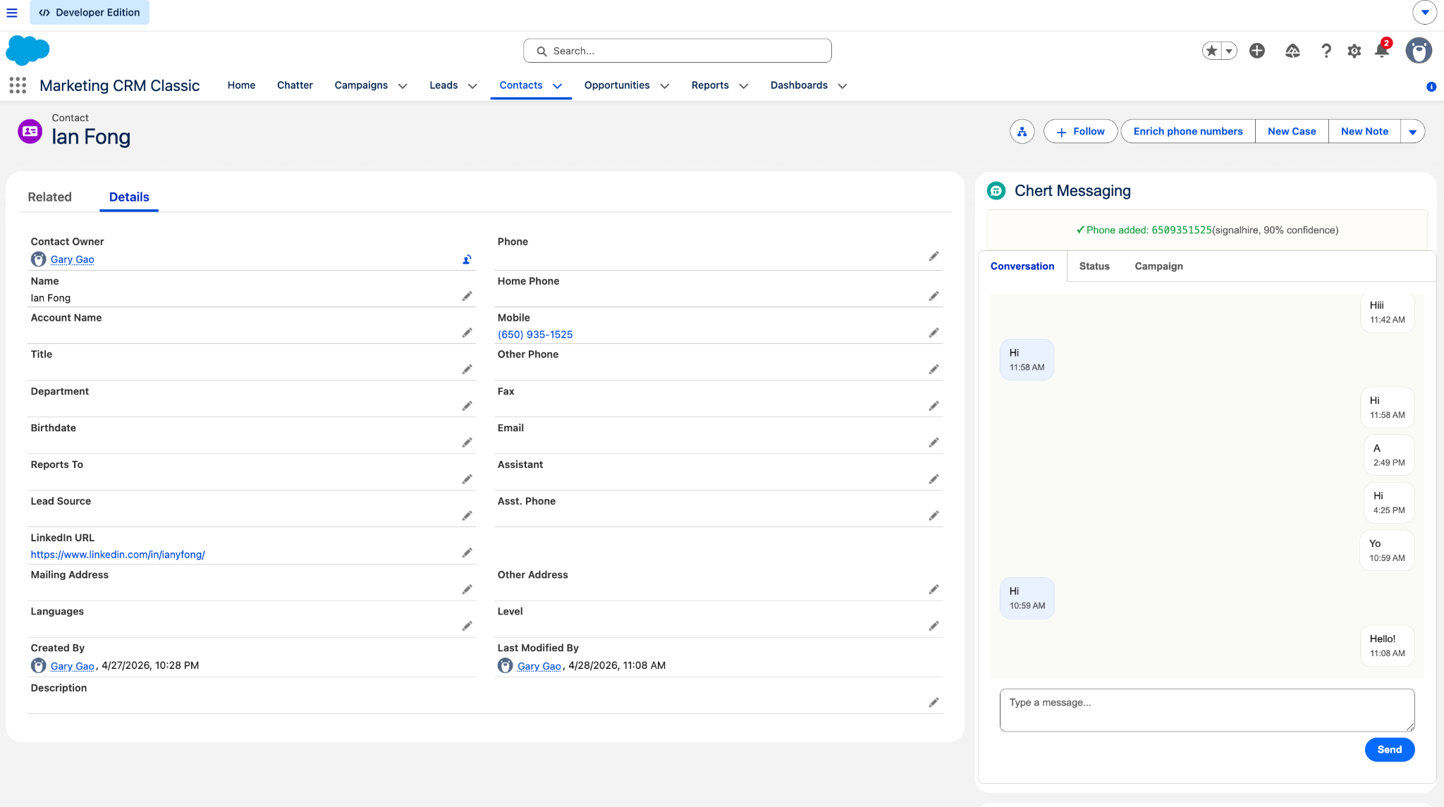 Salesforce Lead record page with the Chert Conversation component visible in the right rail