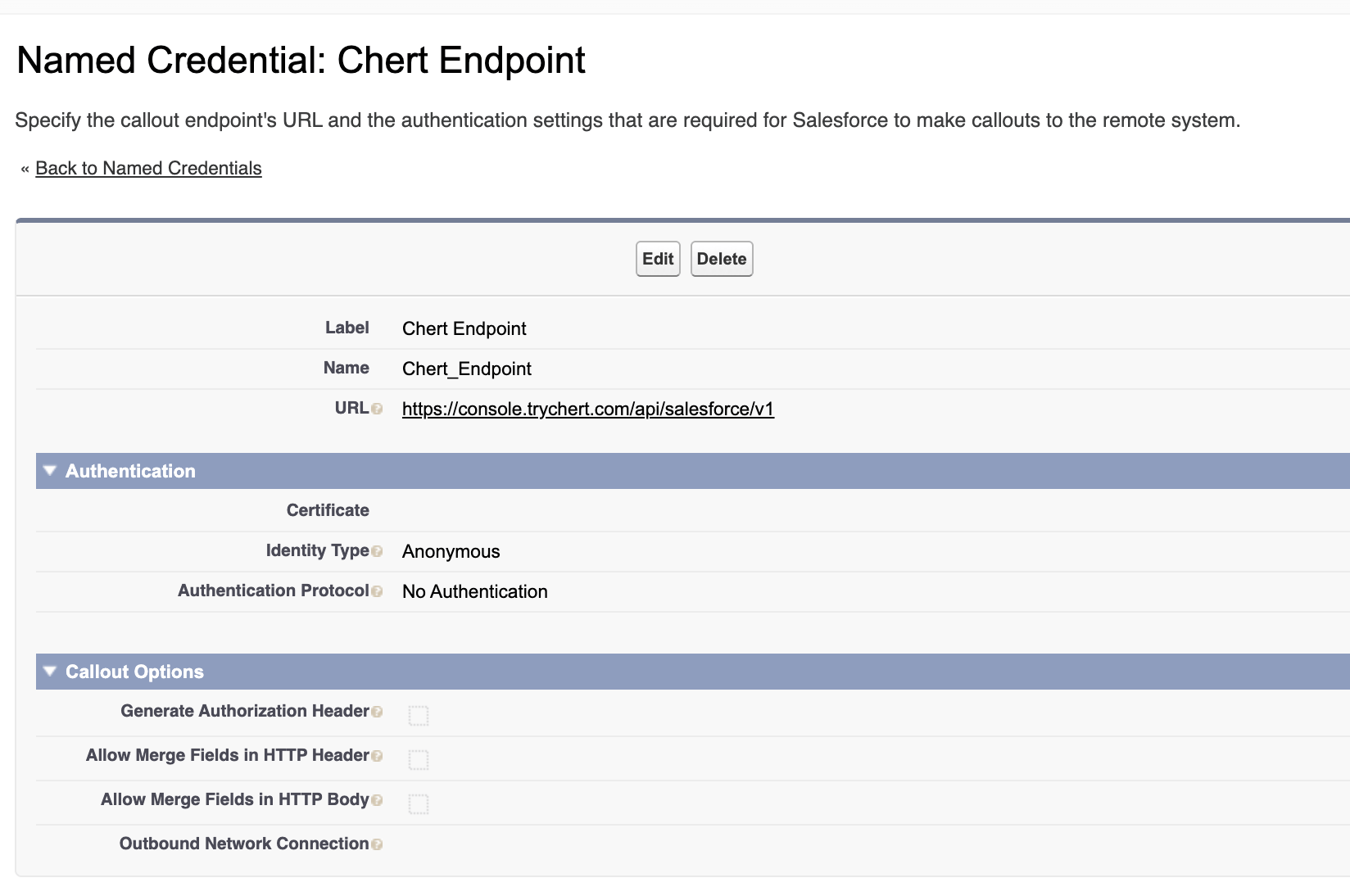 The Chert Endpoint Named Credential detail page in Salesforce Setup