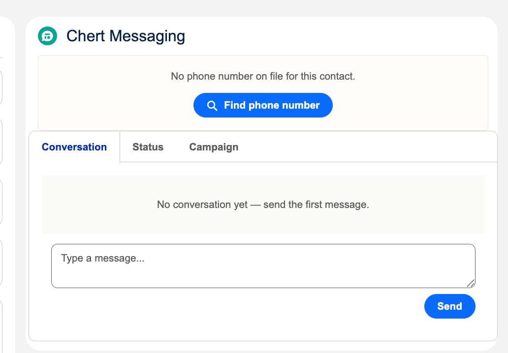 The Chert Messaging widget showing the Find phone number action