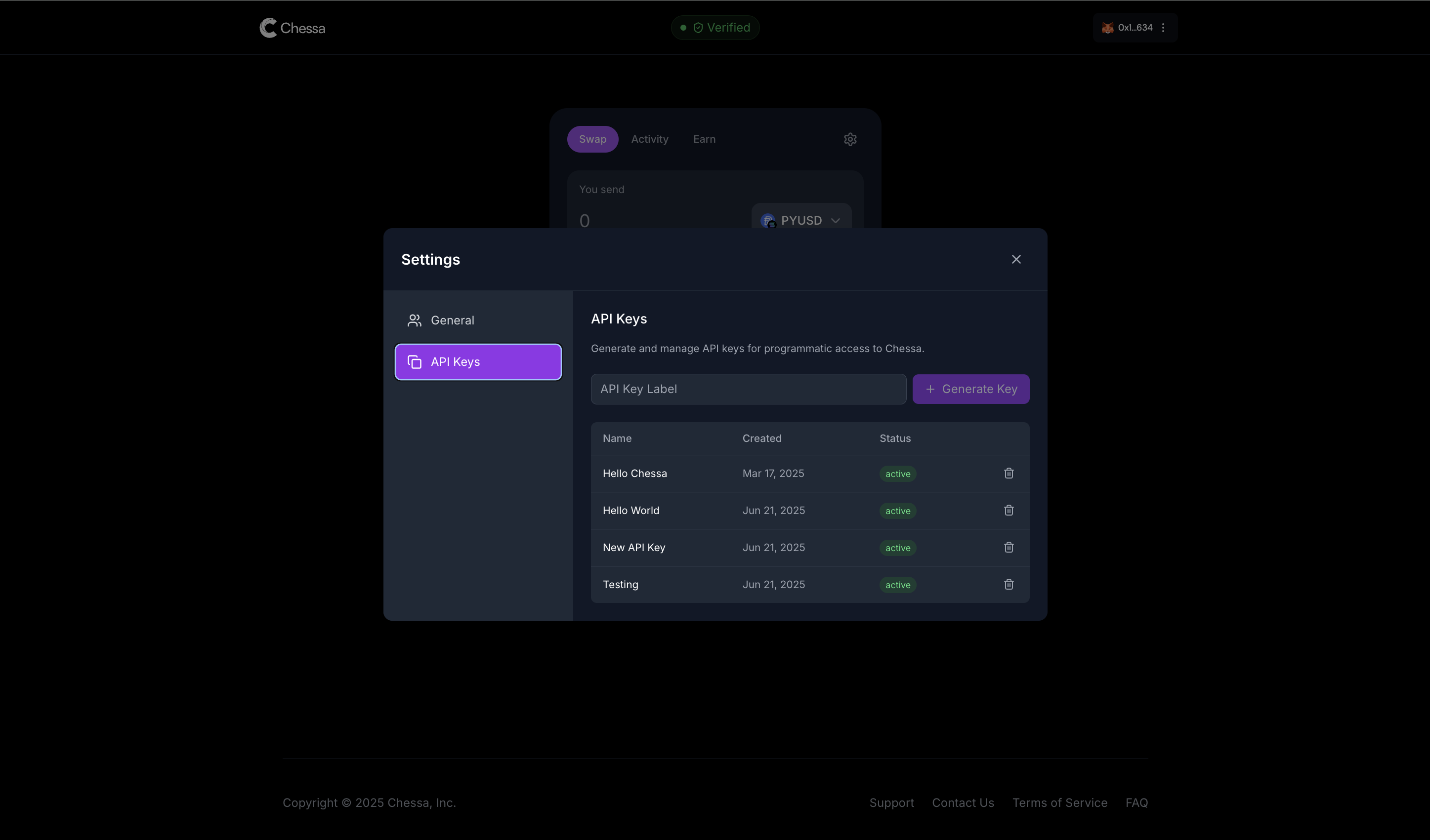 Chessa API Key Screen