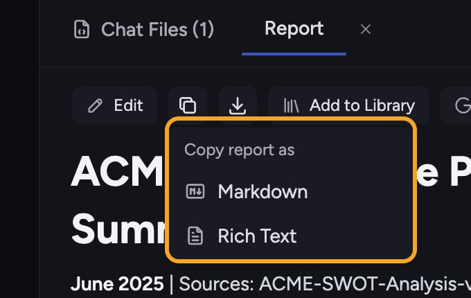 Chief reports - the Copy report as menu Markdown or Rich Text