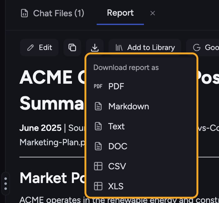Chief reports - the Download report as menu with PDF DOC Text Markdown CSV XLS