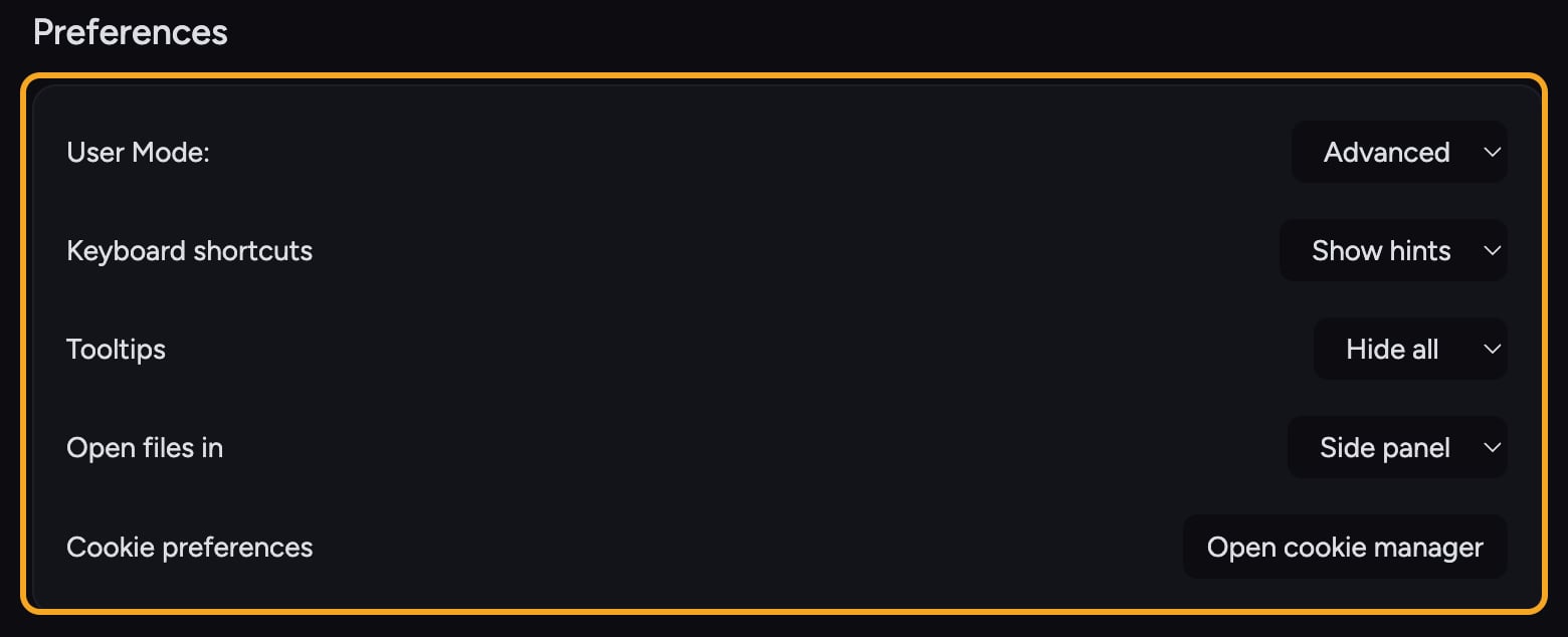 Chief settings - the Preferences card in Settings General