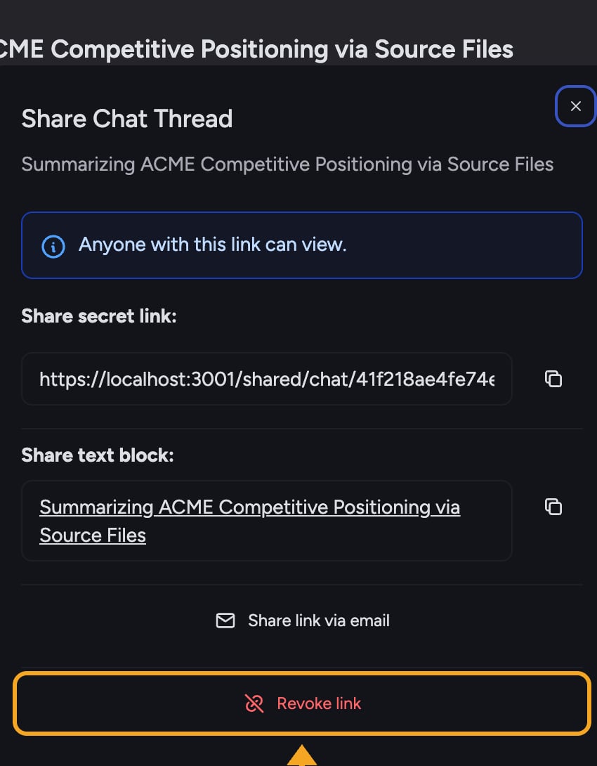 Chief sharing - the Revoke link control in the Share Chat Thread dialog