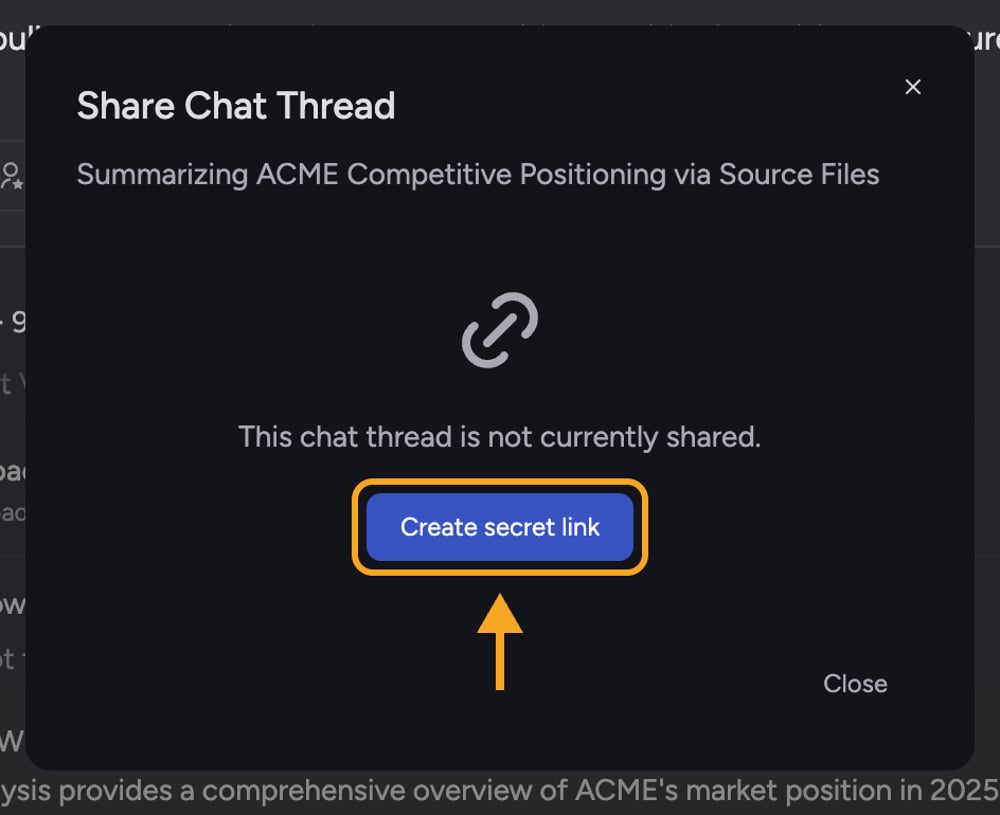 The Share Chat Thread dialog with the Create secret link button