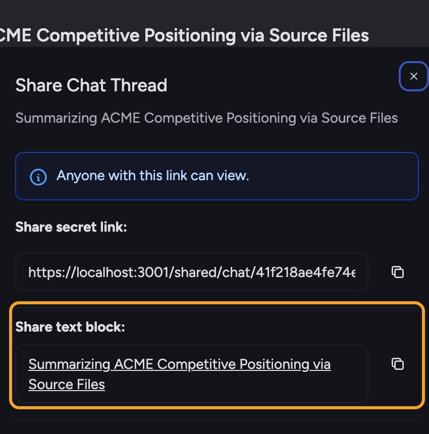 Chief sharing - the Share text block section in the Share Chat Thread dialog