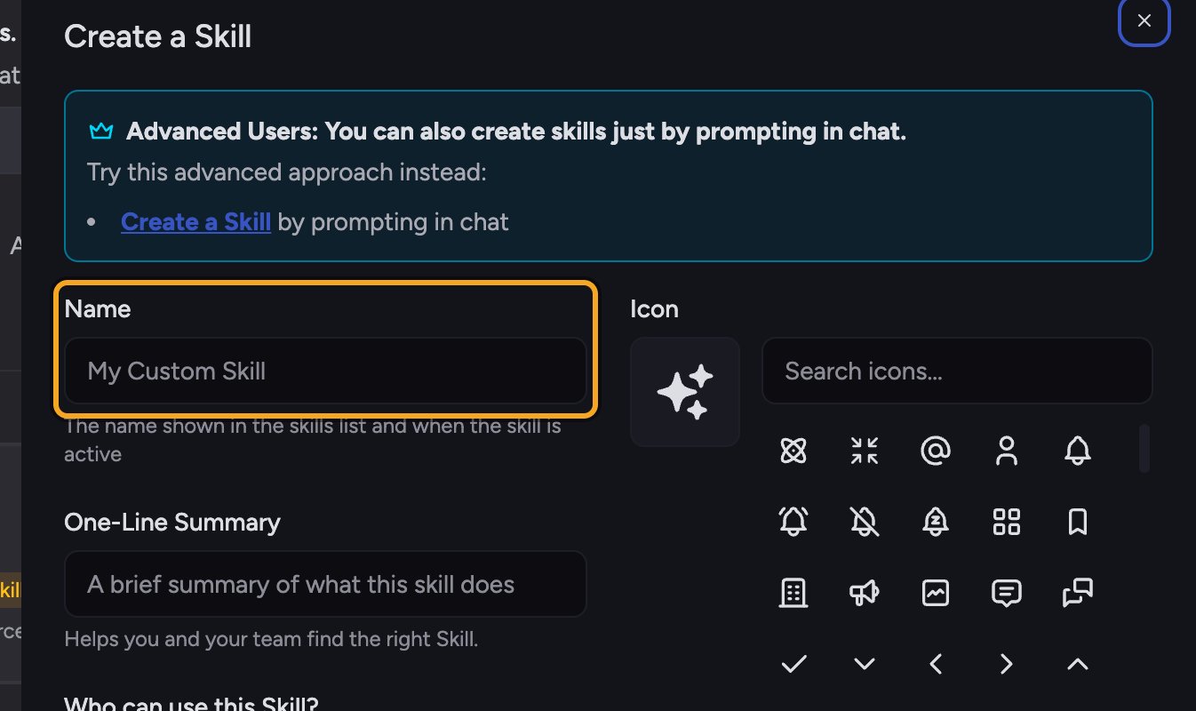 Chief: Creating a custom skill — the Create a Skill dialog Name field
