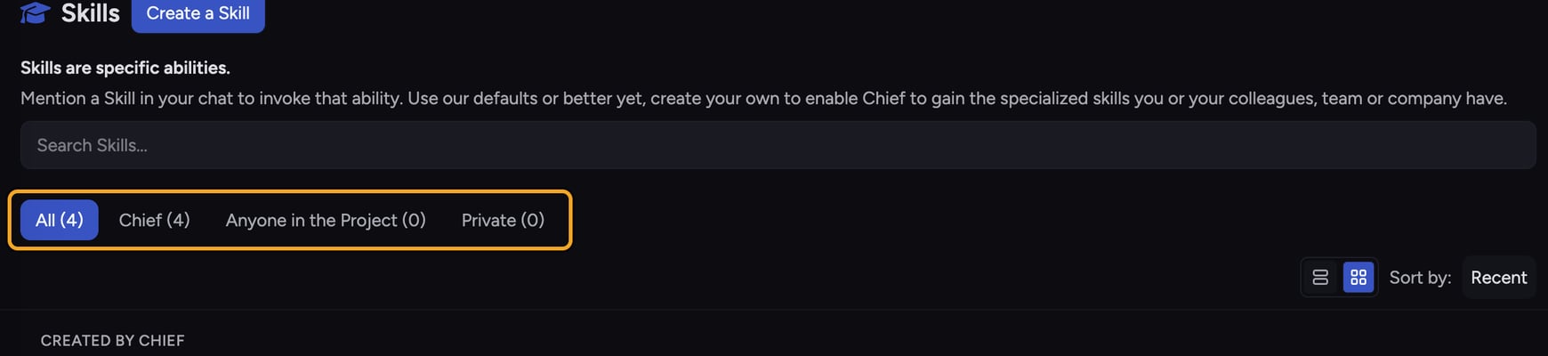 Chief: Using built-in skills — the Chief filter tab on the Skills page