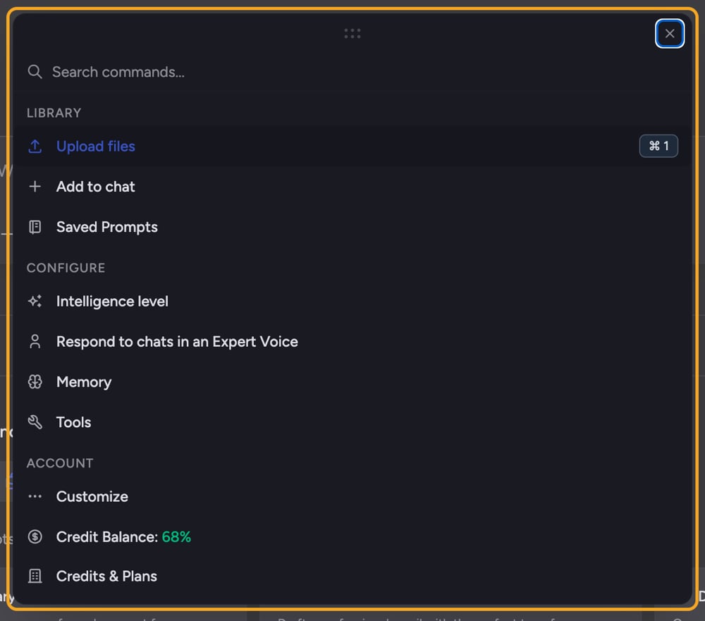 The Command Center command palette with its Library, Configure and Account groups and numbered shortcuts