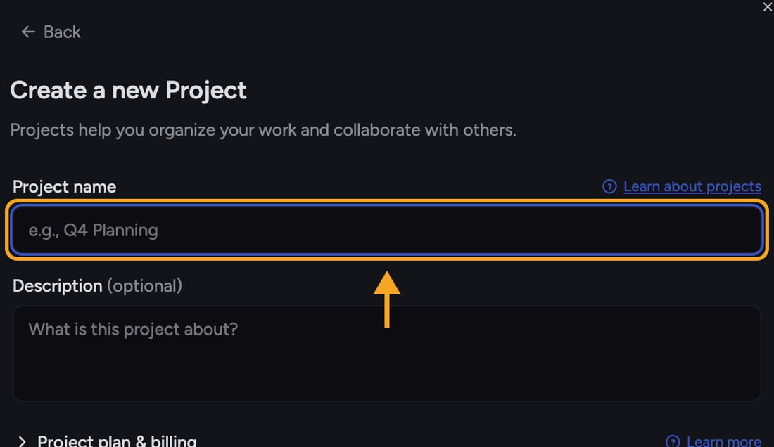 The Create a new Project dialog with the Project name field highlighted