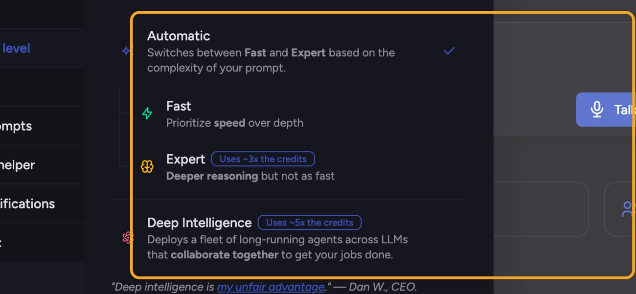 The intelligence levels Automatic, Fast, Expert and Deep Intelligence in the Customize panel