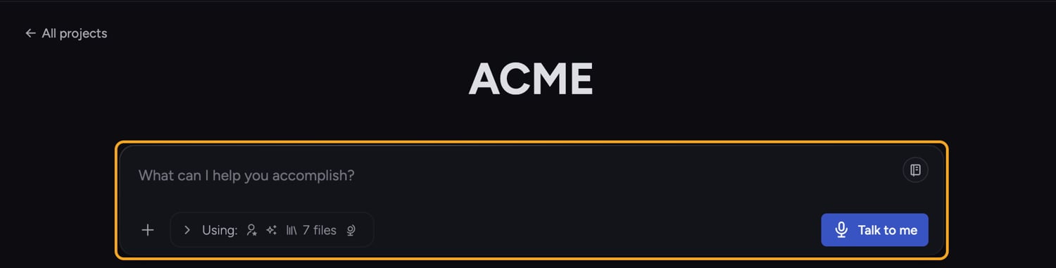 The project home prompt bar where you type your first question