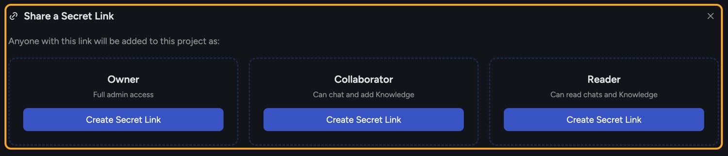 The Share a Secret Link options for the Owner, Collaborator and Reader roles
