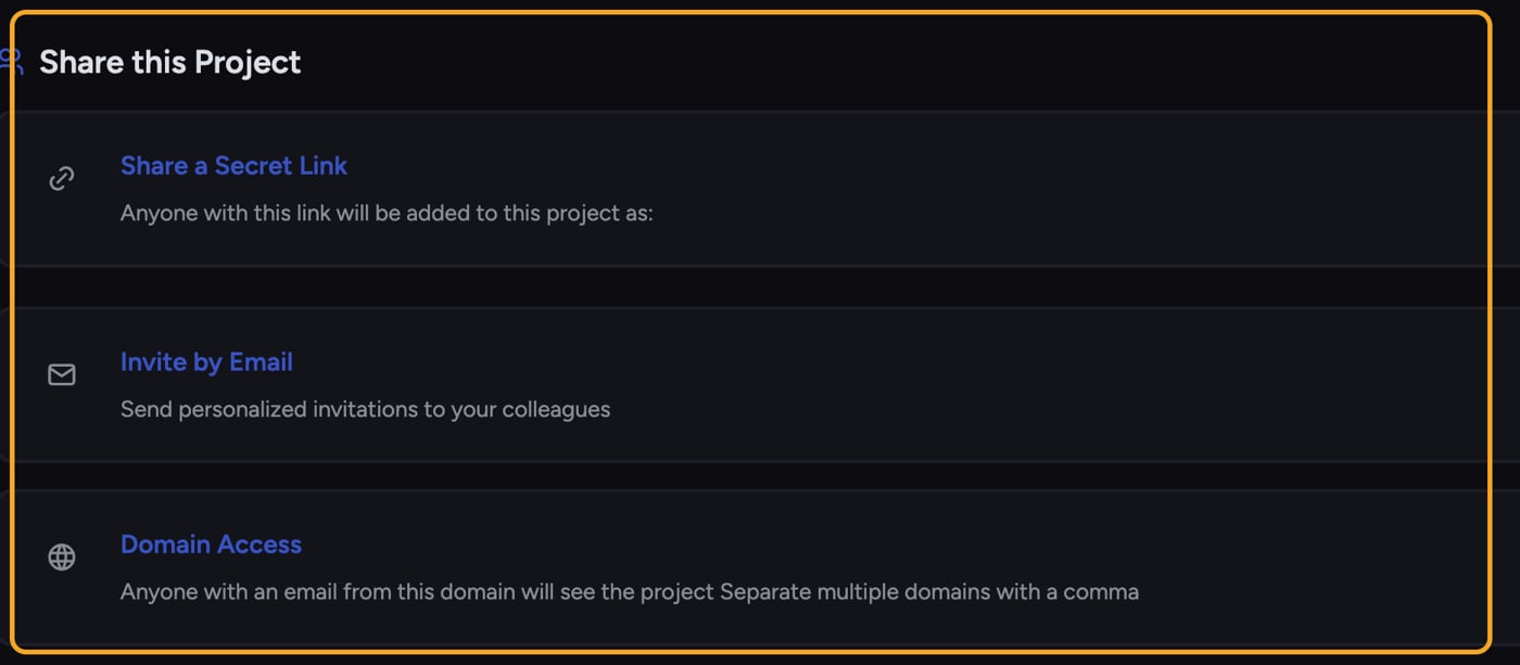 The Share this Project panel with Secret Link, Invite by Email and Domain Access options
