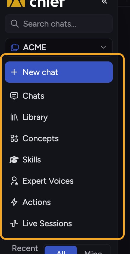 The navigation sidebar where the core building blocks (Projects, Library, Concepts, Skills and more) live
