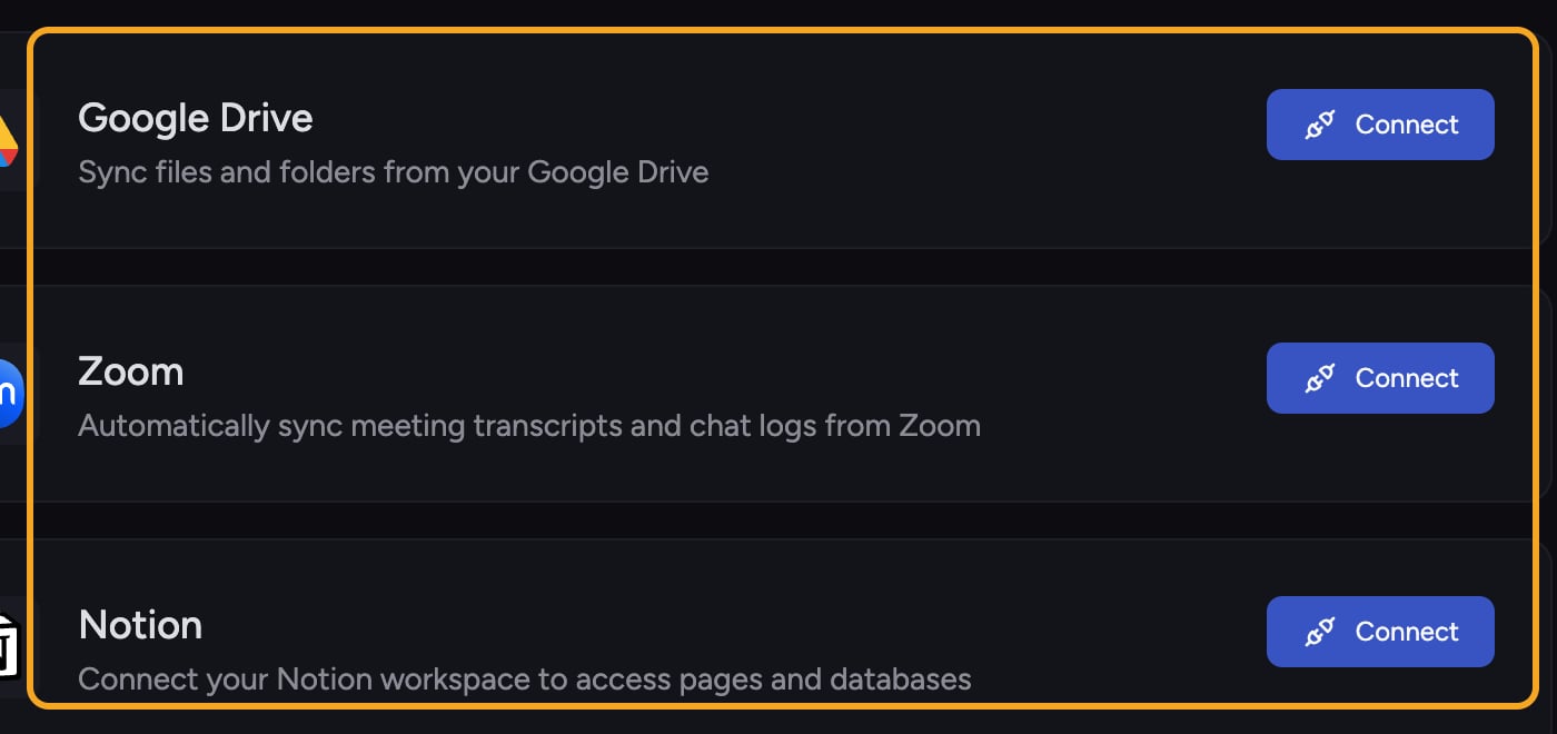 Chief - the Integrations page with Google Drive, Zoom, and Notion connect cards