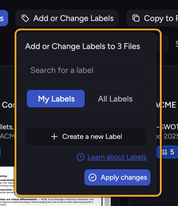 Chief: Bulk labeling — the Add or Change Labels picker with Apply changes