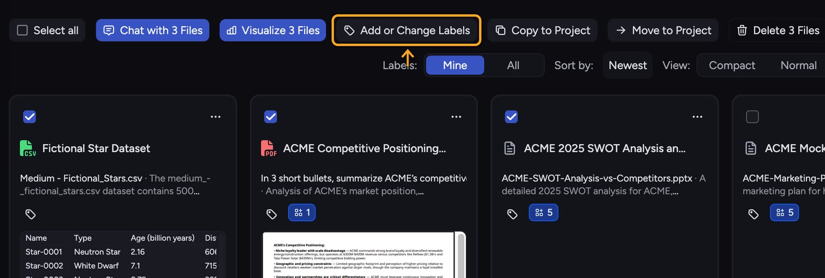 Chief: Bulk labeling — multiple files selected with the Add or Change Labels action