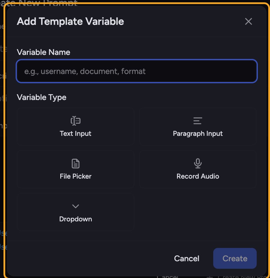 The Add Template Variable window with the five variable types