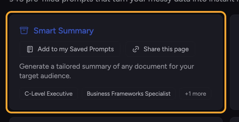 A Smart Summary prompt card in the Launchpad showing its Add to my Saved Prompts and Share this page buttons