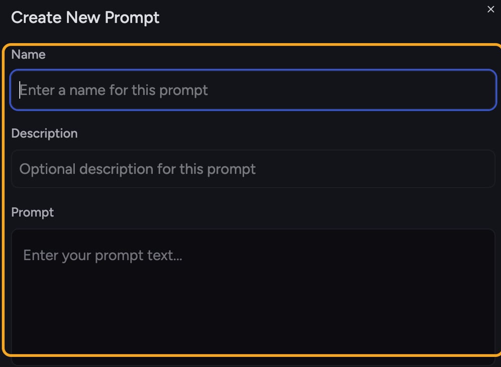 The Create New Prompt window with the Name, Description and Prompt fields