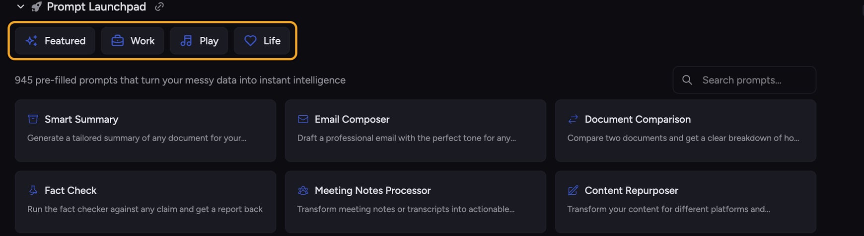 The Prompt Launchpad with its Featured, Work, Play and Life category buttons