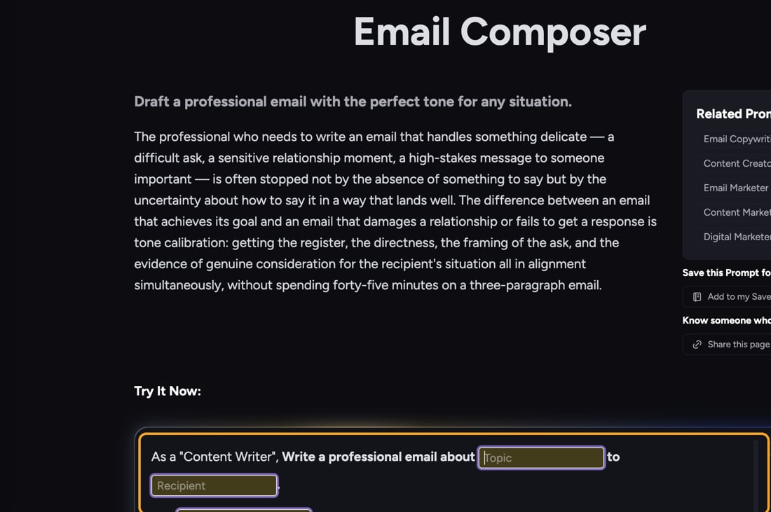 An Email Composer prompt loaded into the prompt bar with fill-in variable chips