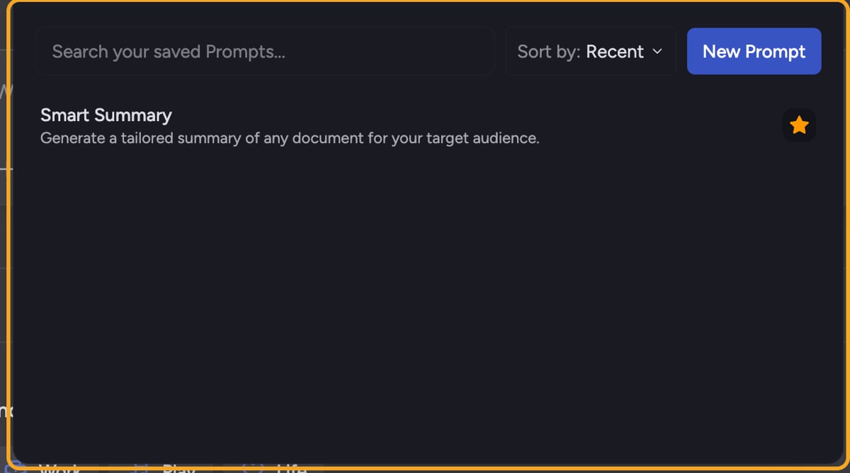 The Saved Prompts panel, your personal prompt library, showing a saved Smart Summary prompt