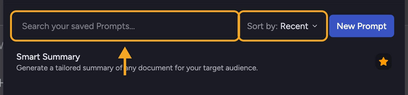 The search box and Sort by control in the Saved Prompts panel