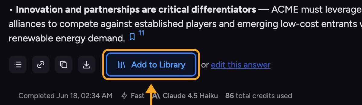 Chief: save a chat answer — the Add to Library button on an answer