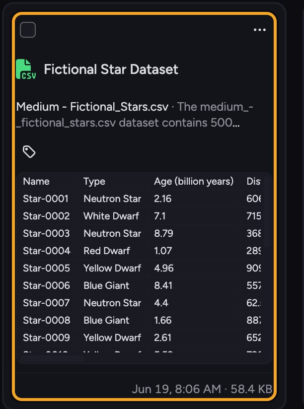 Chief spreadsheets - a CSV file card with a structured table preview