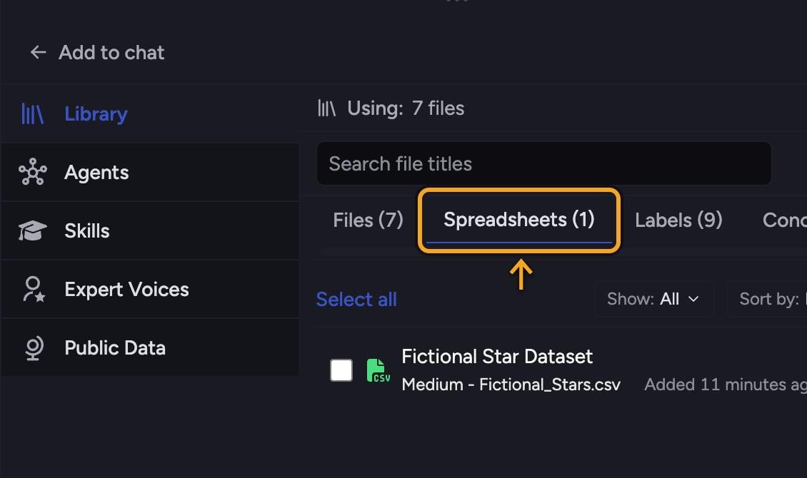 Chief spreadsheets - the Spreadsheets tab when adding a file to a chat