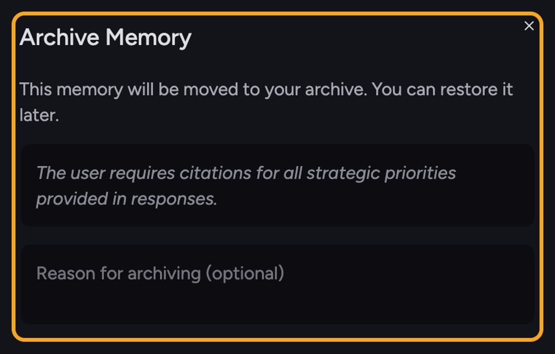 The Archive Memory dialog with an optional reason field