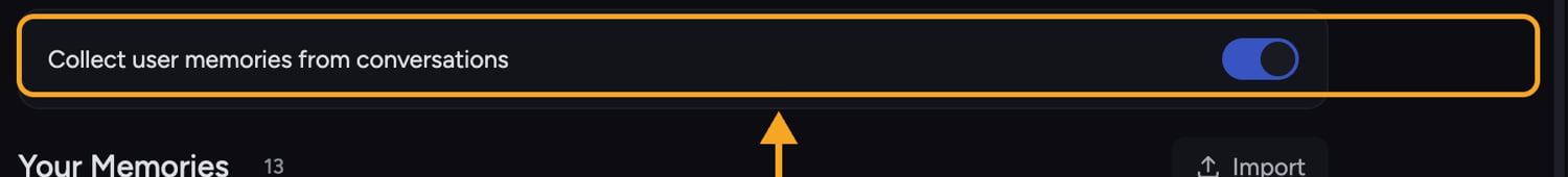 The Collect user memories from conversations toggle, switched on