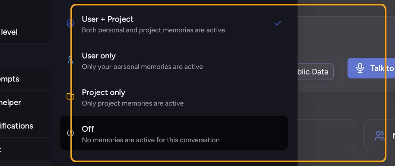 The per-chat Memory menu — User and Project, User only, Project only, or Off