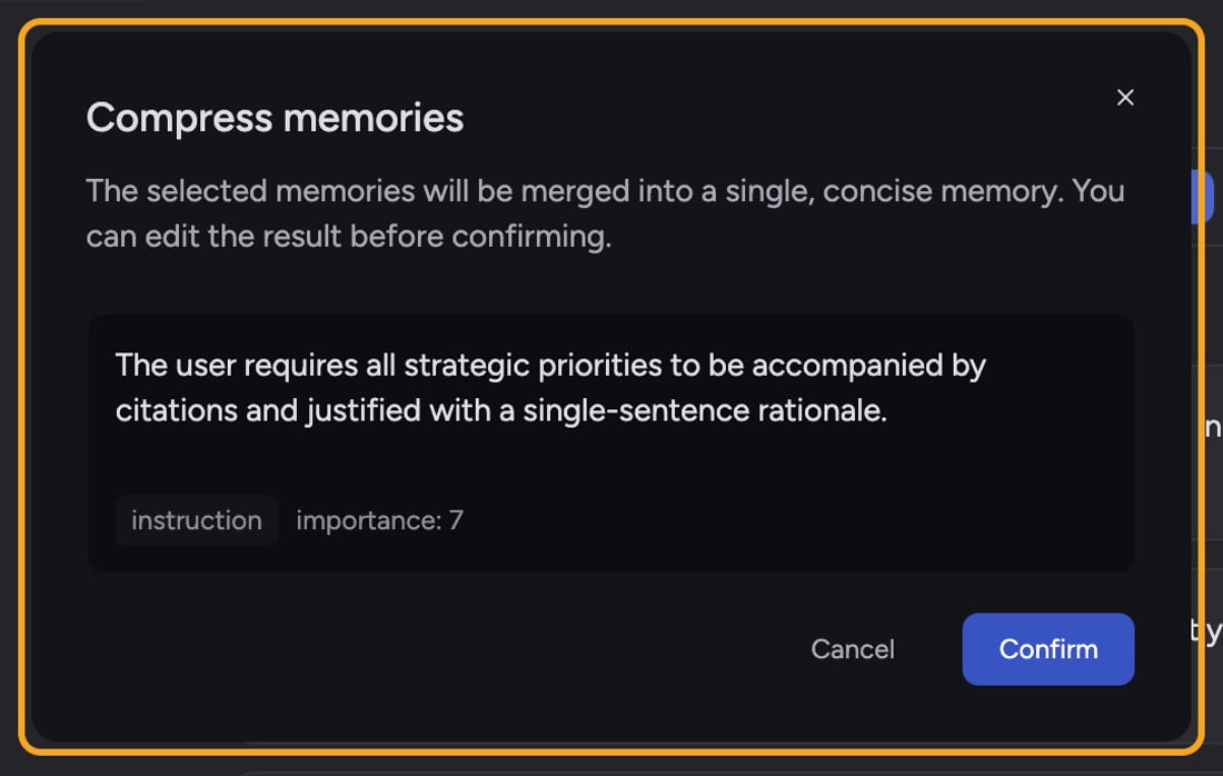 The Compress memories dialog showing the merged result before confirming