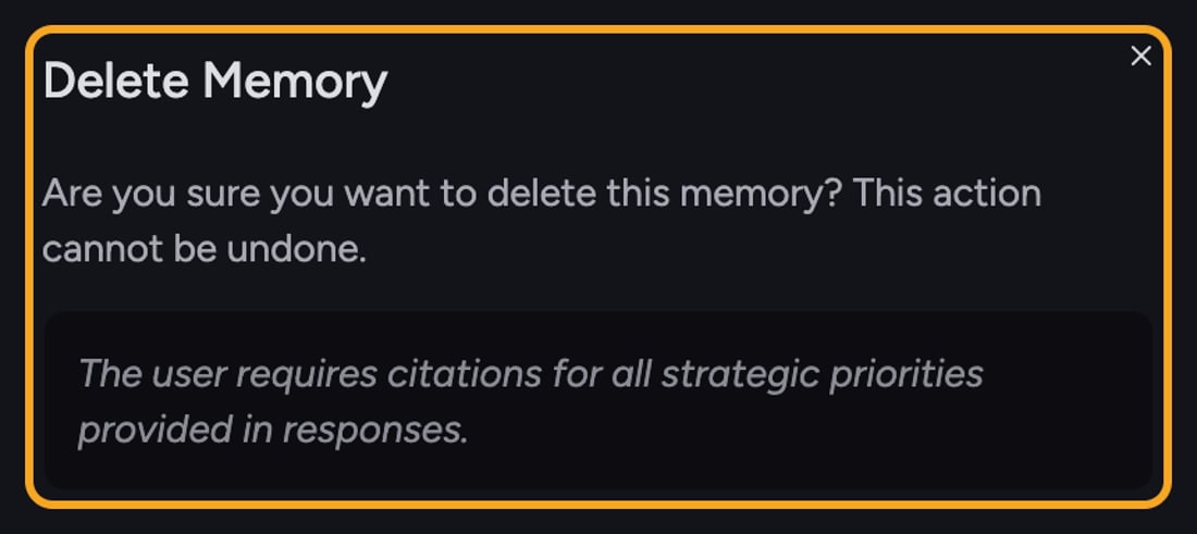The Delete Memory confirmation dialog warning that the action cannot be undone
