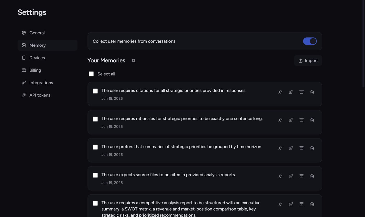 Your Memories under Settings, Memory — the page where your memories live