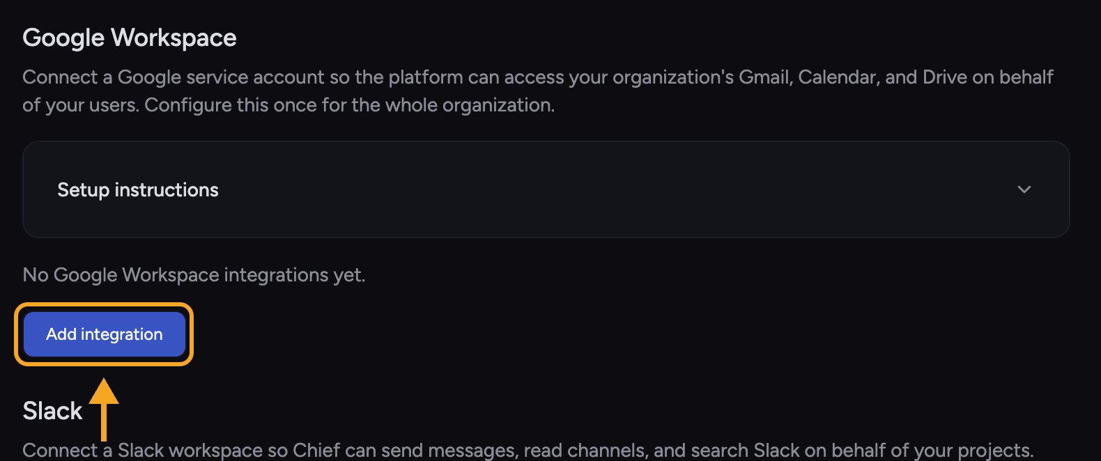 Chief - the Google Workspace integration card in org settings