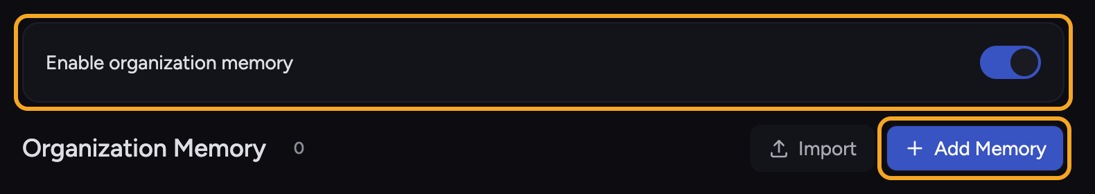 Chief - the Enable organization memory toggle and Add Memory button