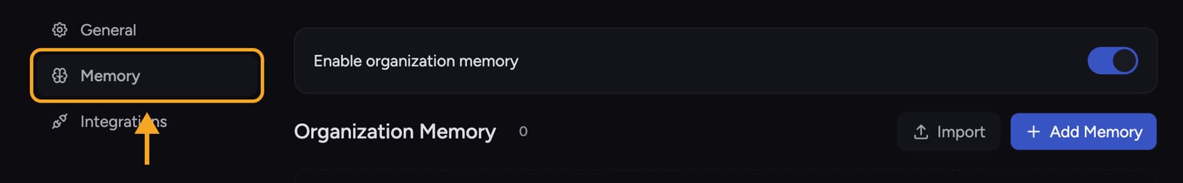 Chief - the Organization Memory page under org settings, Memory tab
