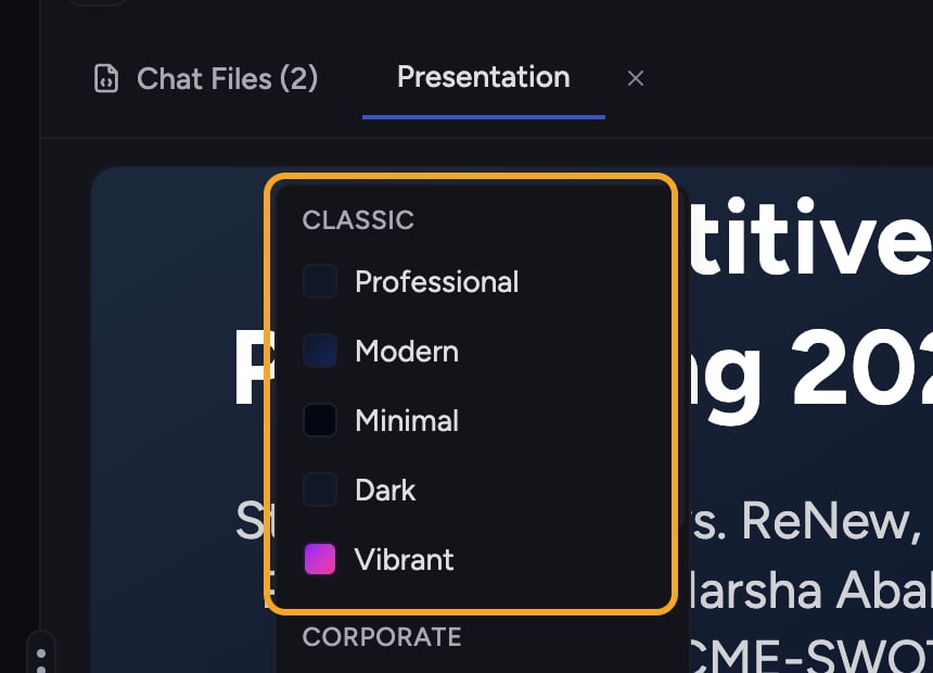 Chief presentations - the Select theme picker with theme categories