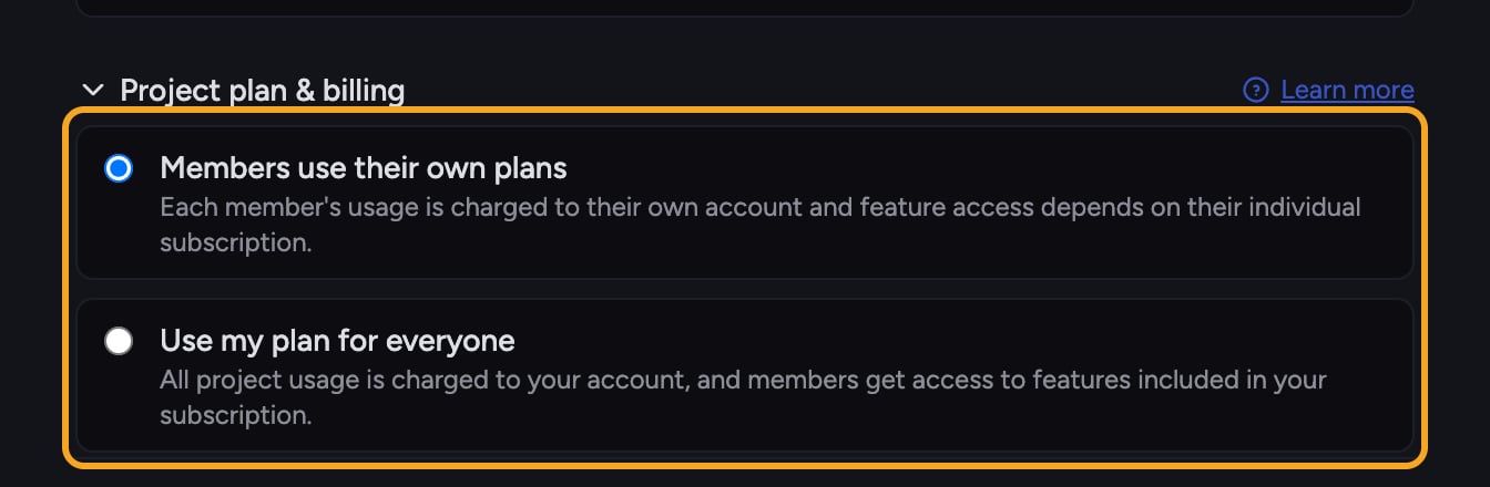 Chief - the two billing options Members use their own plans and Use my plan for everyone