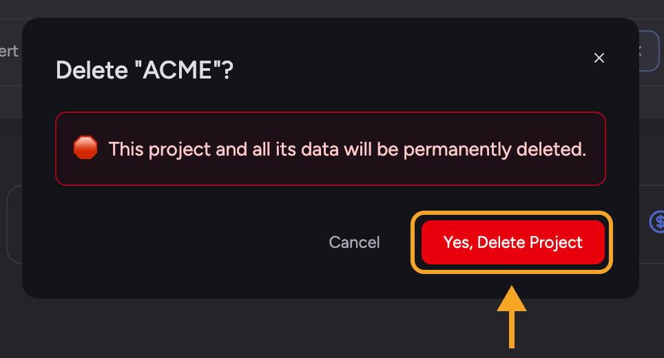 Chief - the Delete Project confirmation dialog with Yes, Delete Project