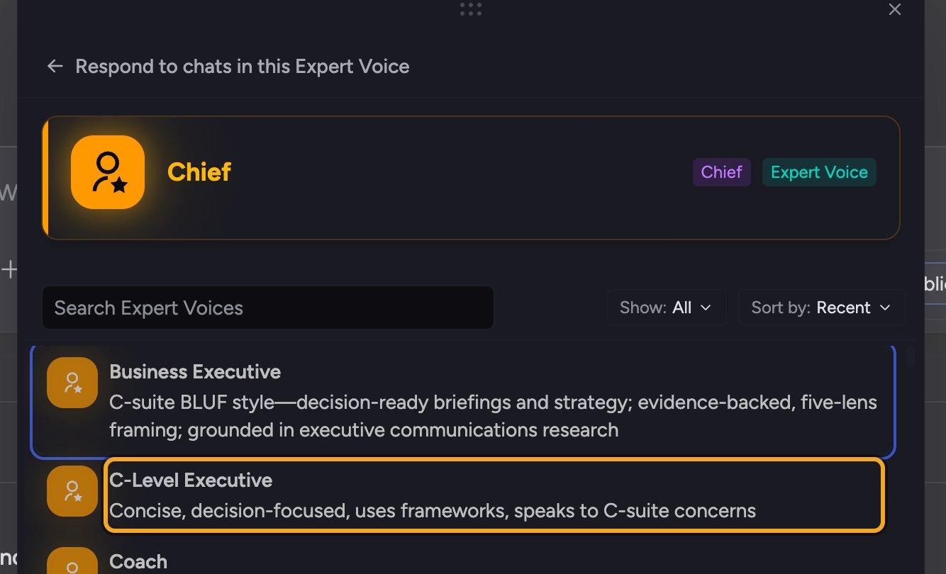 Chief: Using built-in expert voices — Apply a built-in voice from the prompt bar