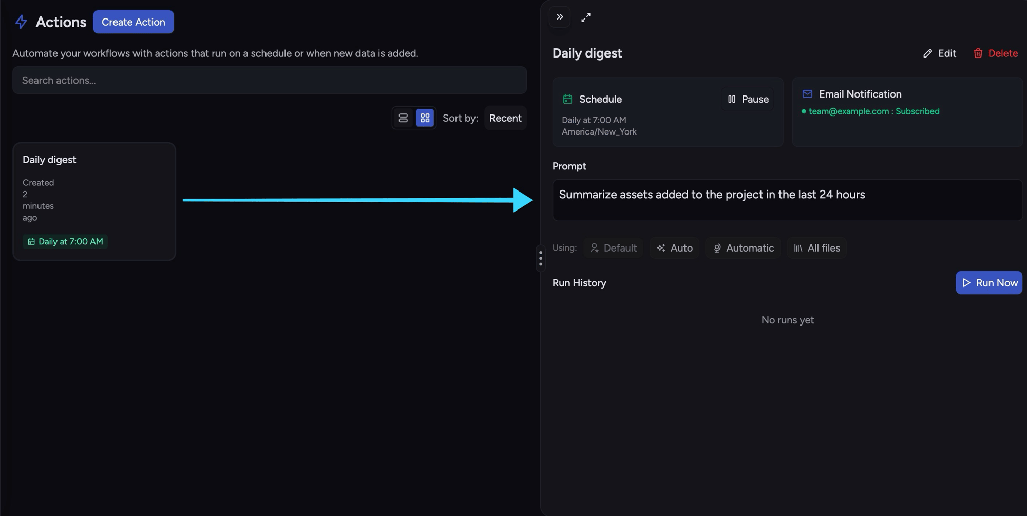 The Chief web app Actions view showing a Daily digest action with its 7:00 AM schedule, email notification, prompt, and run history
