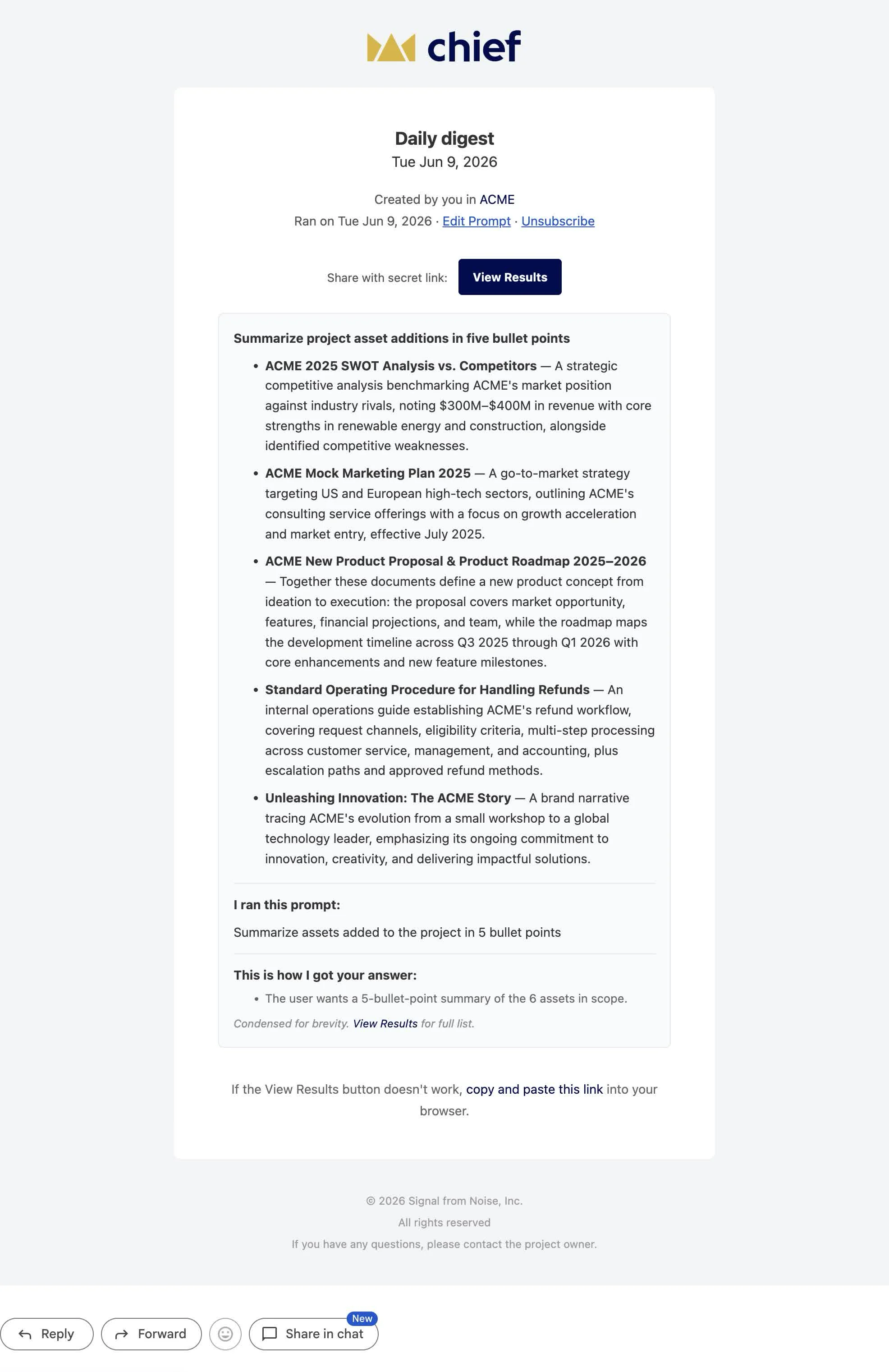 A Chief daily digest email summarizing new ACME project uploads in five bullet points, with a View Results button