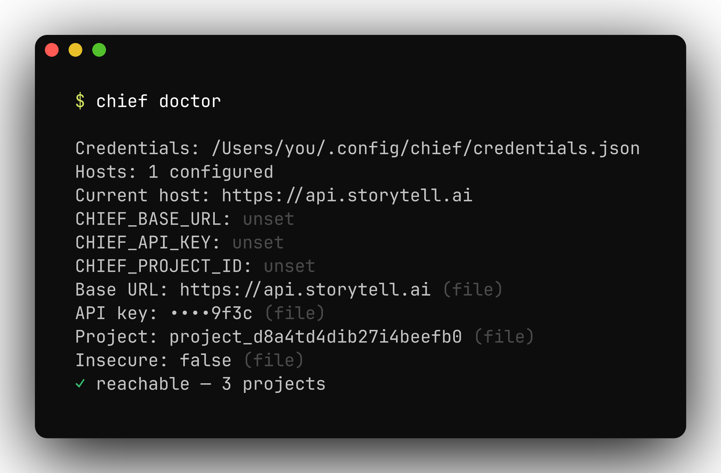 chief doctor output showing configuration sources and a reachable API