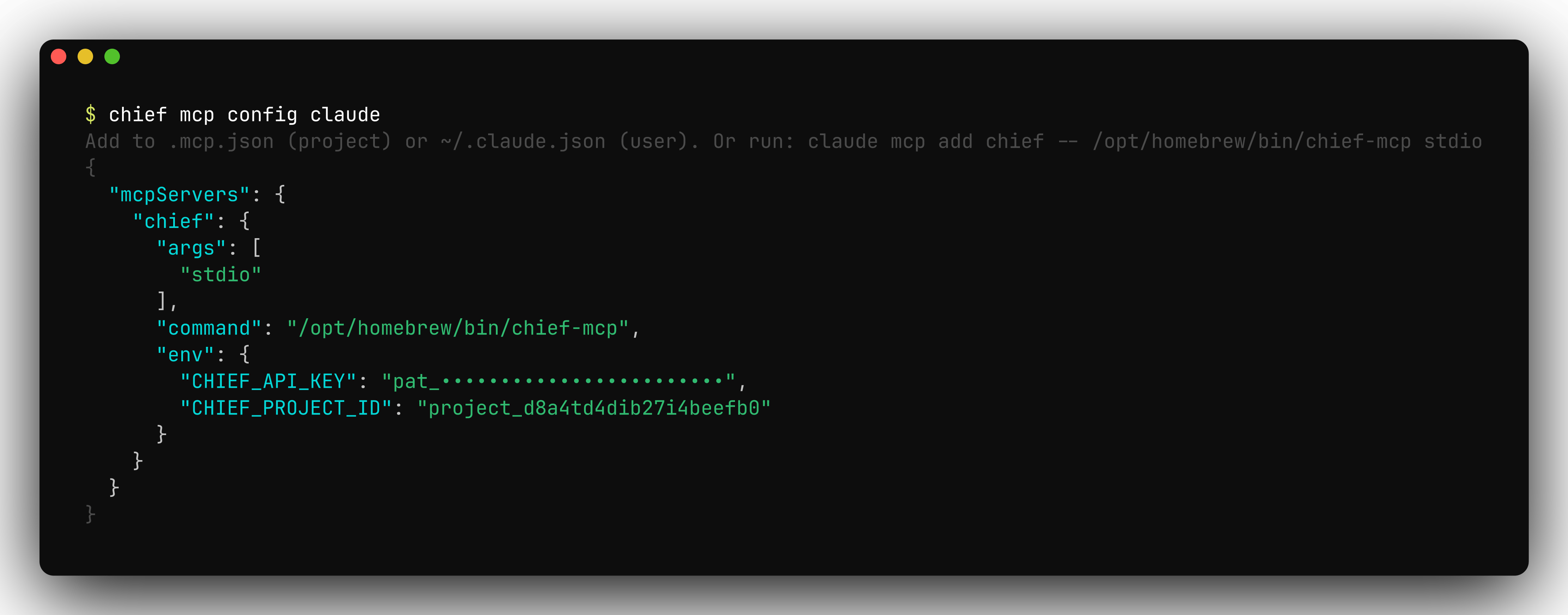 chief mcp config claude printing an MCP server JSON snippet